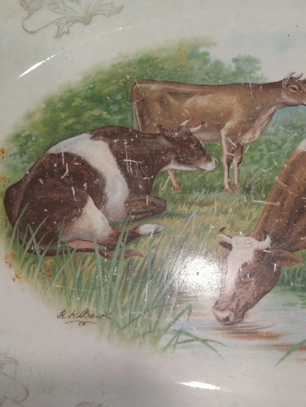 Antique Brown and White Cow Motif Ceramic Serving Platter Signed